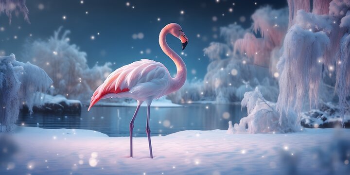 "Snowy Elegance: Flamingo in the Frost" | Background Design | Generative AI Artwork