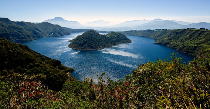 Cuicocha Lagoon. It is a lagoon formed in an active volcanic crater, with two volcanic islets inside. Located in Cotacachi, Imbabura, Ecuador