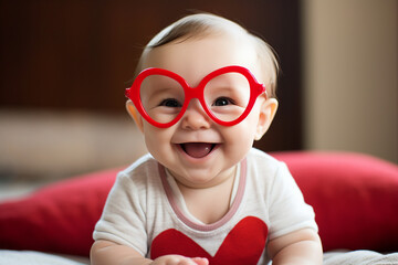 Portrait of adorable beautiful baby in big stylish red glasses having fun celebrating valentine day generative AI technology