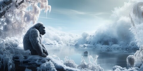 "Frosty Strength: Gorilla in a Winter Wonderland" | Background Design | Generative AI Artwork