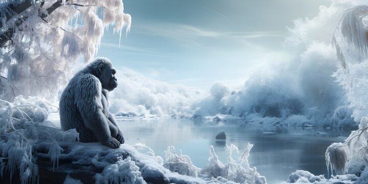 "Frosty Strength: Gorilla in a Winter Wonderland" | Background Design | Generative AI Artwork
