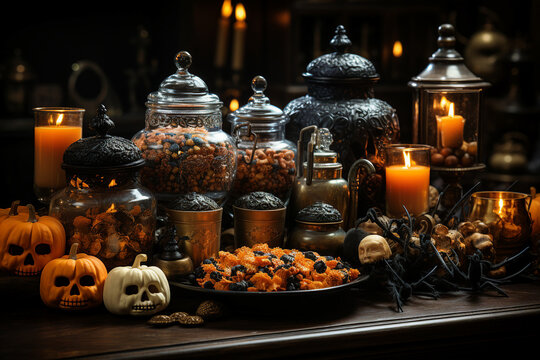 Generative AI image of holiday halloween table with food and treats traditional symbol pumpkin mysterious lantern