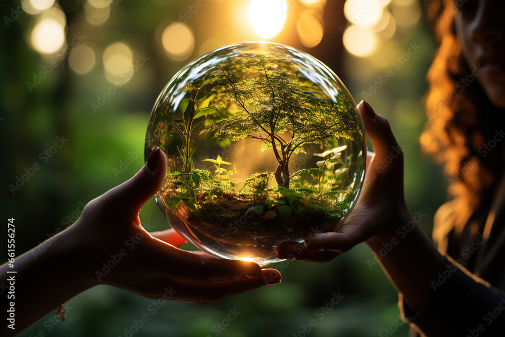 Sticker close up of a womans hands holding a glass globe with tree. generative ai