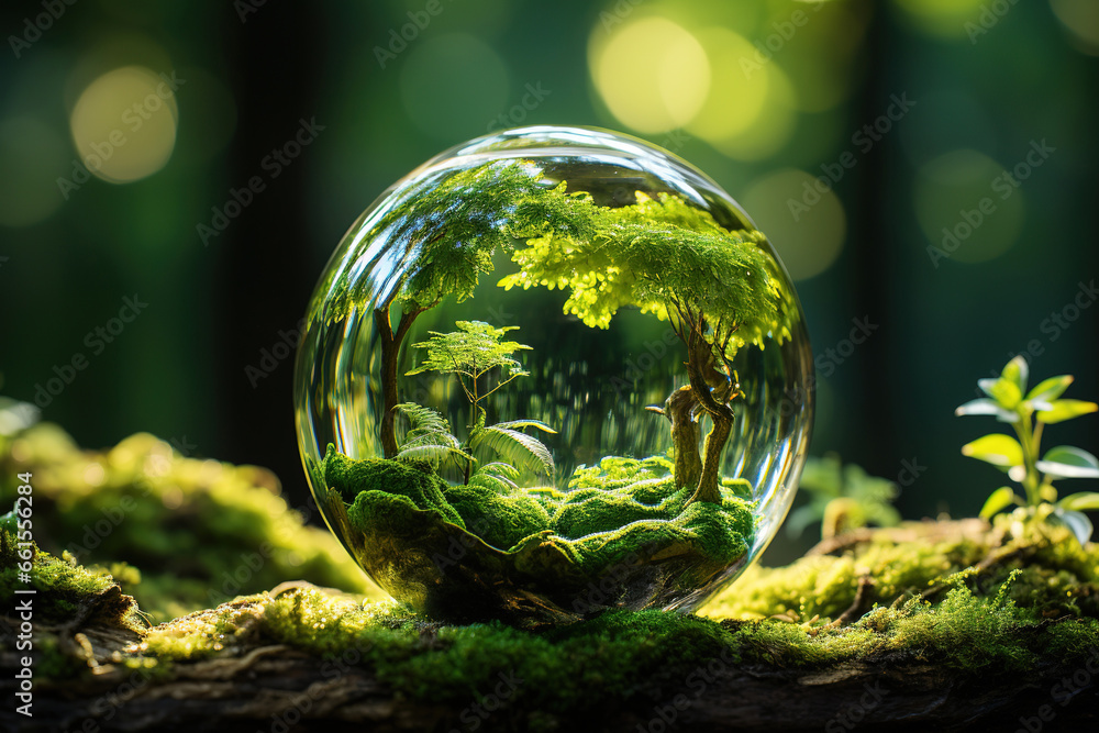 Wall mural close up of a glass globe with tree. generative ai