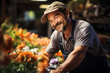 Smiling man buying colorful flowers. Florist selling flowers. Generative AI