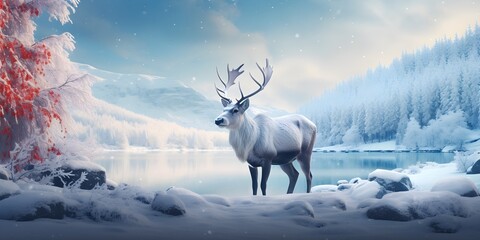 "Snowy Solitude: The Reindeer's Tranquil Haven" | Background Design | AI Generated Artwork