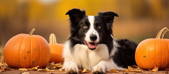 Adorable dog resting on pumpkin