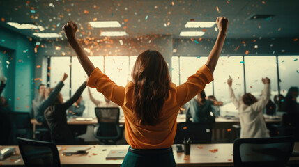 Happy businesswoman celebrates success with team and confetti in office, generative ai - obrazy, fototapety, plakaty