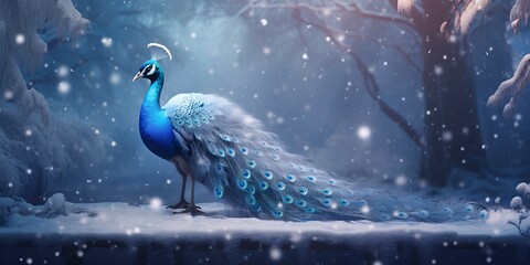 "Winter's Elegance: The Peacock's Snowy Splendor" | Background Design | Generative AI Artwork