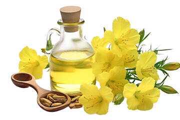 Evening Primrose Oil and its Floral Essence on isolated background - obrazy, fototapety, plakaty