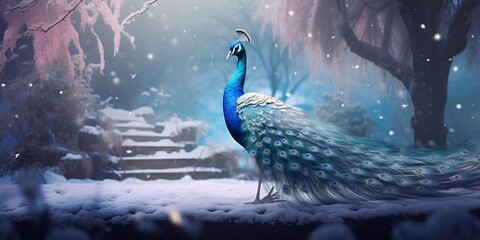 "Winter's Elegance: Peacock in a Snowy Display" | Background Design | AI Generated Artwork