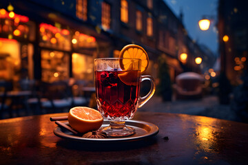 Glass of mulled wine with orange slices in a glass - obrazy, fototapety, plakaty