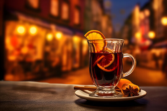 Glass of mulled wine with orange slices in a glass