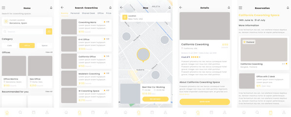 Coworking Space, Office, meetup and Meeting room finder Mobile App UI Kit Template