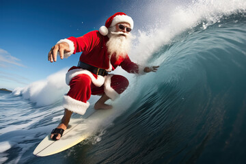 Funny scene of Santa Claus surfing on blue ocean wave in christmas holidays. - obrazy, fototapety, plakaty