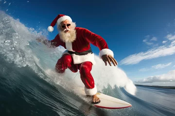 Fotobehang Funny scene of Santa Claus surfing on blue ocean wave in christmas holidays. © Shootdiem