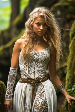 Young blonde druid woman in white outfit in Celtic forest