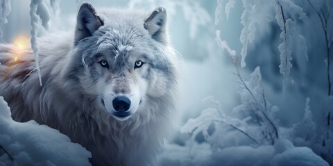 "Winter's Watch: The Lone Wolf in the Snowy Wilderness" | Background Design | Generative AI Artwork