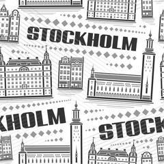 Vector Stockholm Seamless Pattern, square repeating background with illustration of famous european stockholm city scape on white background, monochrome line art urban poster with black word stockholm