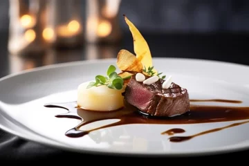 Foto op Plexiglas Beautifully presented Michelin star restaurant dish on a plate, black background. Refined and elegant cuisine, fine dinning © pilipphoto