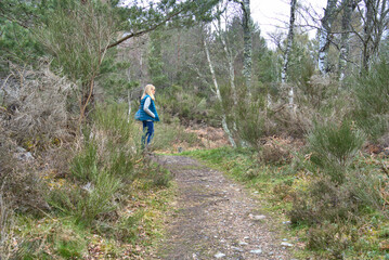 Obraz premium Woman wearing a vest on a tree lined hiking trail in early spring rural Scotland.