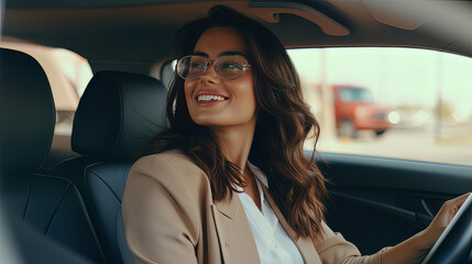 Happy woman is driving and smiling. Cute young success happy brunette woman is driving a car. Portrait of happy female driver steering car with seat belt