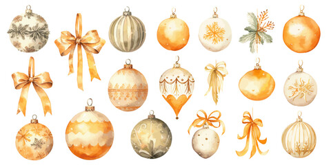 set of christmas balls and decorations orange yellow watercolor vectors - obrazy, fototapety, plakaty