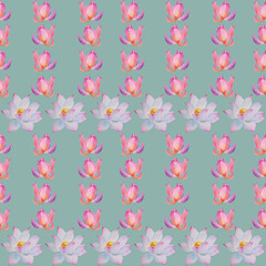 Seamless pattern of Lotus flowers painted in watercolor. Hand drawn on textured paper. Suitable for creating your ideas: print, poster, wallpaper, backgrounds and cards.