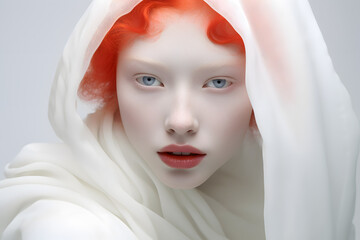 Albino woman with red lips portrait