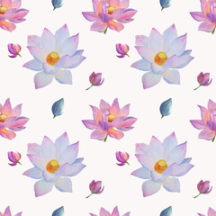 Fototapeta na wymiar Seamless pattern of Lotus flowers painted in watercolor. Hand drawn on textured paper. Suitable for creating your ideas: print, poster, wallpaper, backgrounds and cards.