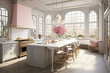 Elegant kitchen space with pink accents. Generative AI
