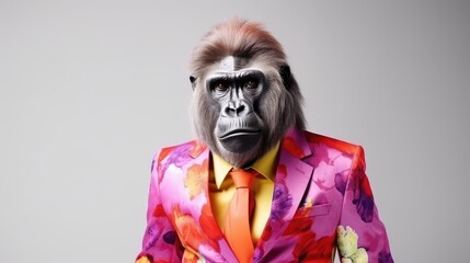 fashion photo. stylish gorilla posing in bright modern clothing and sunglasses in the studio