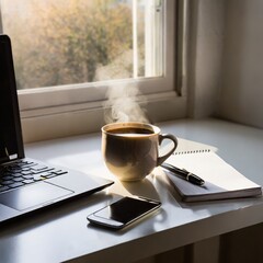 Taza de café humeante delante de un portátil en una mesa de trabajo.