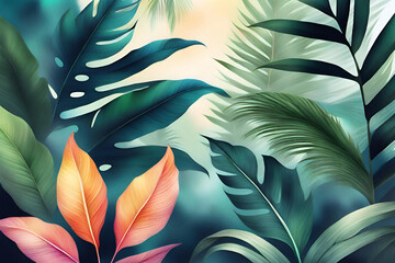 Tropical background with palm leaves and jungle plants. Generative AI