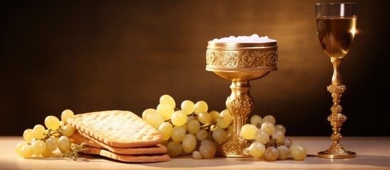 An image of a golden chalice with grapes and bread wafers used in holy communion - obrazy, fototapety, plakaty