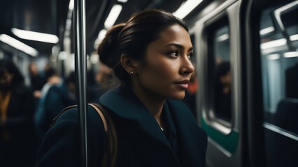 Candid morning shot of a woman during her subway commute, engrossed in work and connectivity