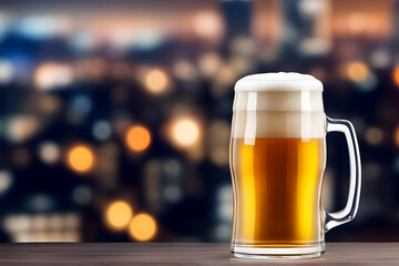 closed-up beer glass with handle on table, blur bokeh city night background, no people
