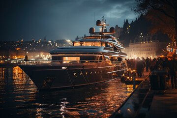  yacht on river in night city. luxury and expensive lifestyle.  Rest and relaxation concept. - obrazy, fototapety, plakaty