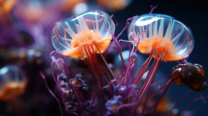 See life macro concept. beautiful space purple jellyfish on dark background in the sea. Vivid...