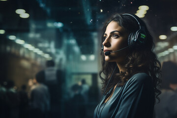 A woman in a call center headset listens attentively as she fields an emergency call, ready to provide guidance and support in a moment of crisis.  - obrazy, fototapety, plakaty