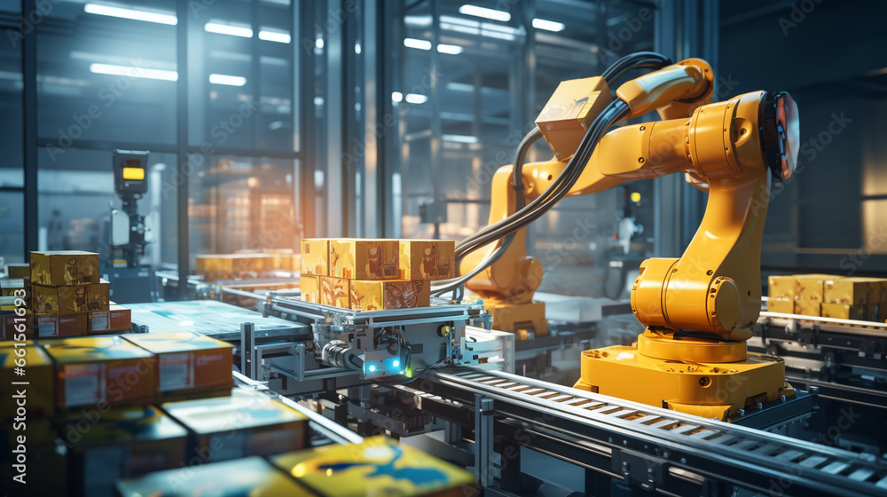 Poster a robotic arm on a smart production line communicates with a drone to optimize product packaging and