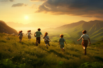 A group of kids running into sunset in green mountain landscape.