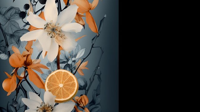Beautiful fantasy vintage wallpaper botanical white flower and orange design, vintage motif for floral print digital background one side black