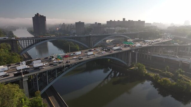 Aerial view of traffic crossing The Harlem River on Insterstate 95