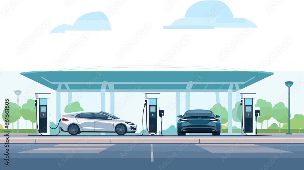 Wall mural copy space, flat 2d vector illustration, hand drawn, copy space, electric cars charging at modern fa