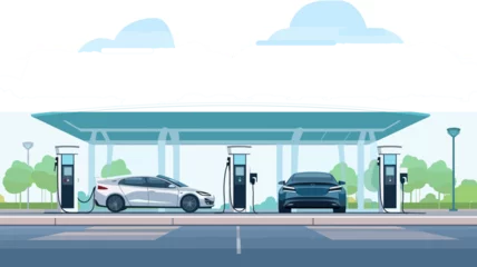 Foto op Plexiglas copy space, flat 2D vector illustration, hand drawn, copy space, electric cars charging at Modern fast electric vehicle chargers in carpark. Green energy, renewable energy, sustainable energy. Electri © Dirk