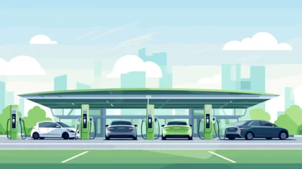 Gordijnen copy space, flat 2D vector illustration, hand drawn, copy space, electric cars charging at Modern fast electric vehicle chargers in carpark. Green energy, renewable energy, sustainable energy. Electri © Dirk