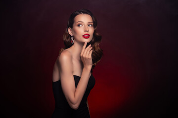 Naklejka premium Photo of tender gentle lady on vip private party look empty space dark background attract rich wealthy guy