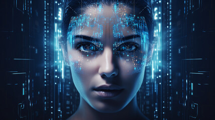 Female hologram portrait behind a futuristic digital screen