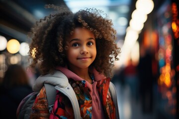 Obraz premium A dark-skinned girl with a lush hairstyle stands near a neon sign
